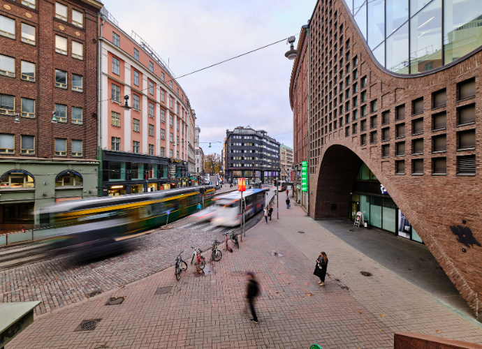 City scene with transport and bikes